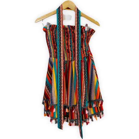 Geo Print Tassel Trim Belted Tube Romper - Picture 3 of 10